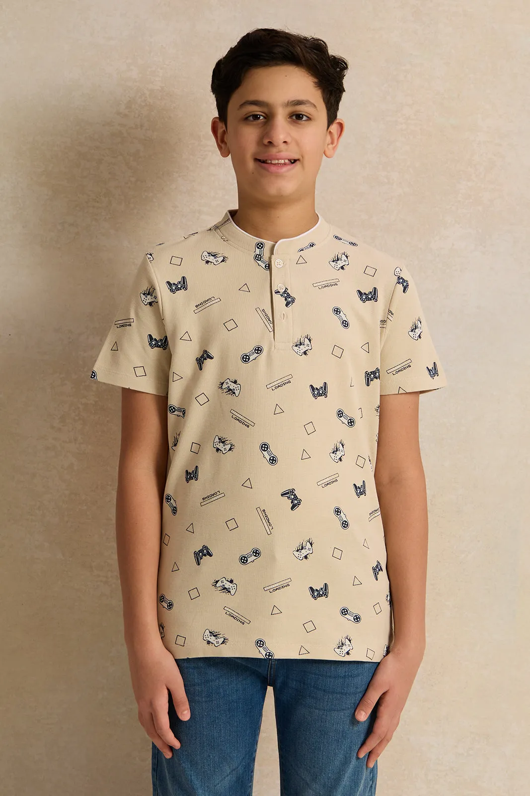 Senior Boys Beige Printed Polo Shirt sold by Redtag