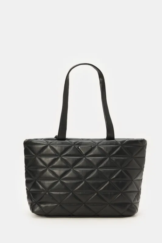 Women Black Textured Tote Bag sold by Redtag