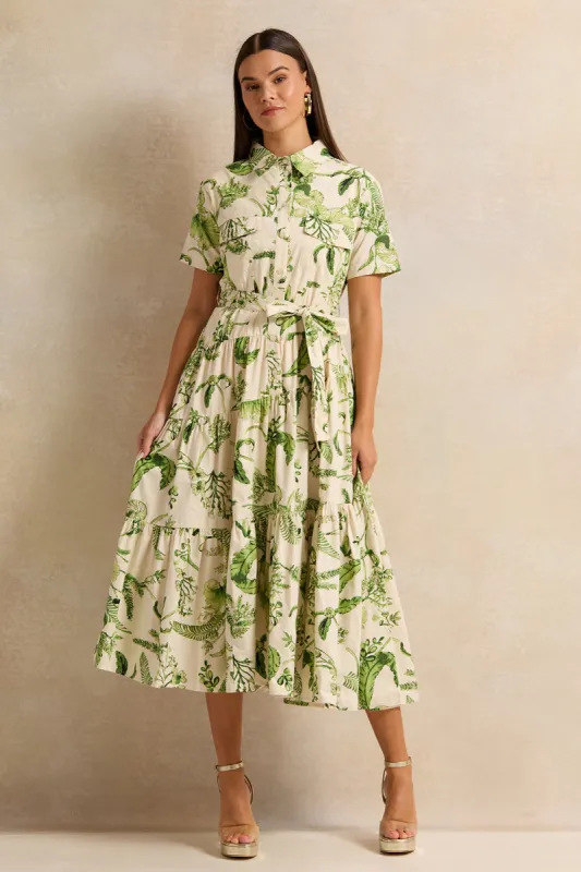 Women Ivory Printed Tiered Shirt Dress sold by Redtag