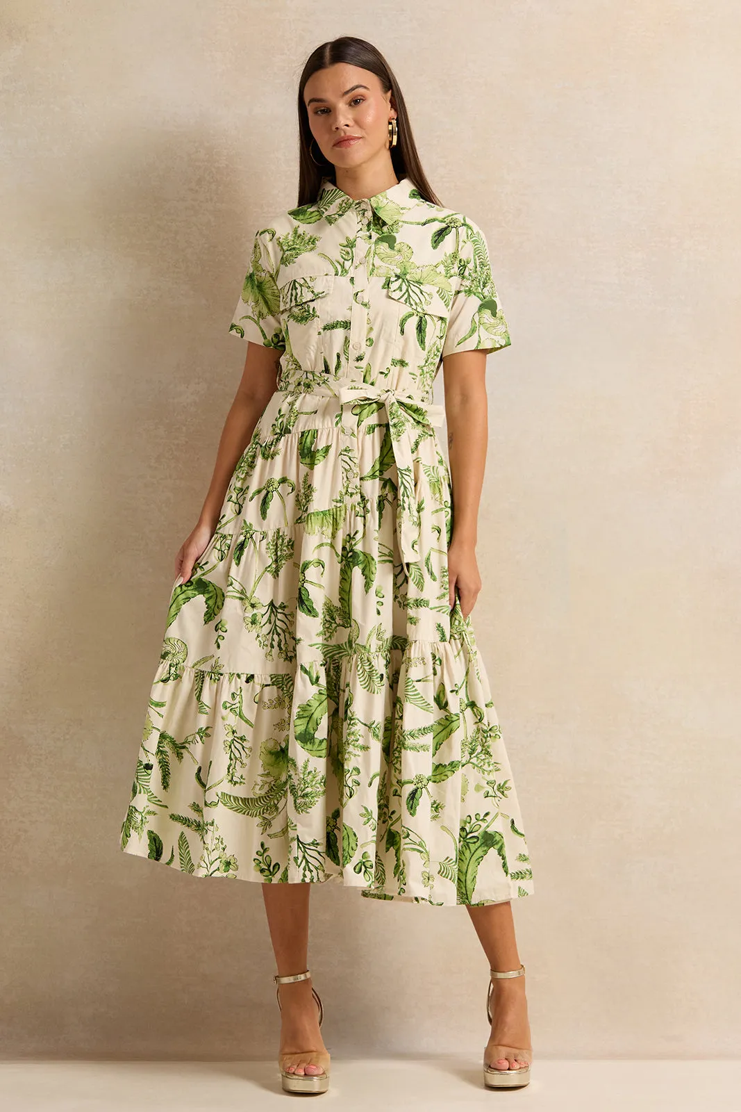 Women Ivory Printed Tiered Shirt Dress sold by Redtag