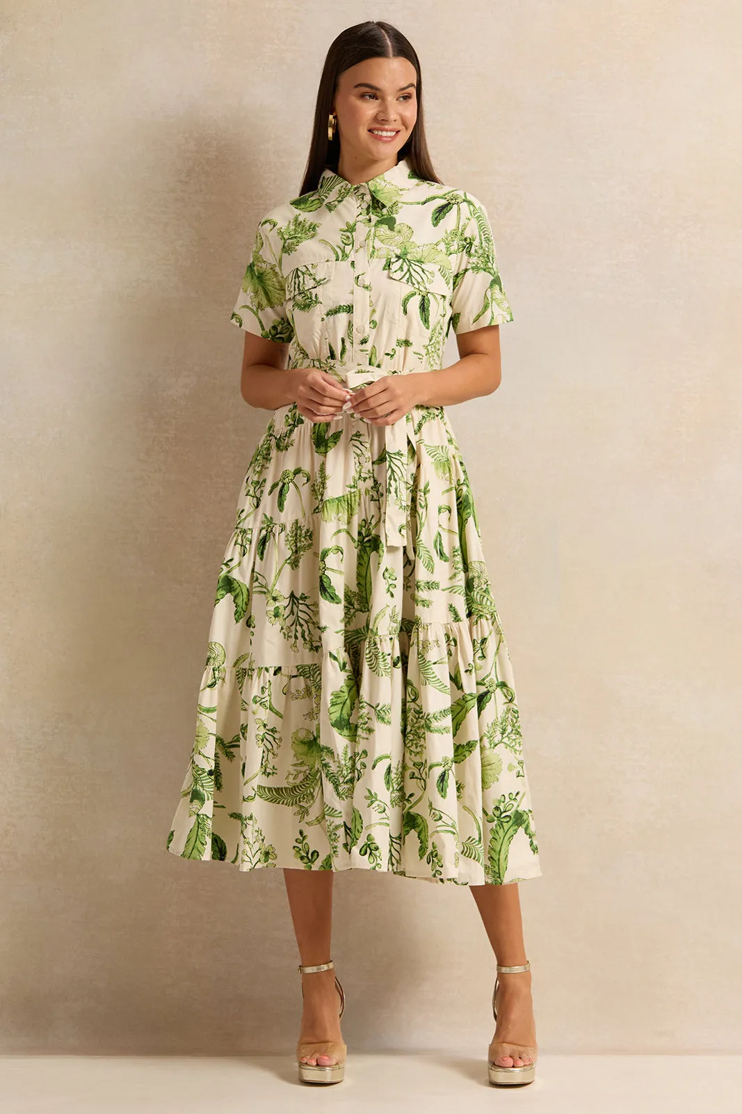 Women Ivory Printed Tiered Shirt Dress sold by Redtag product image thumbnail 4