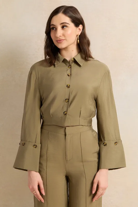 Women Olive Waist Pleated Detailed Shirt sold by Redtag
