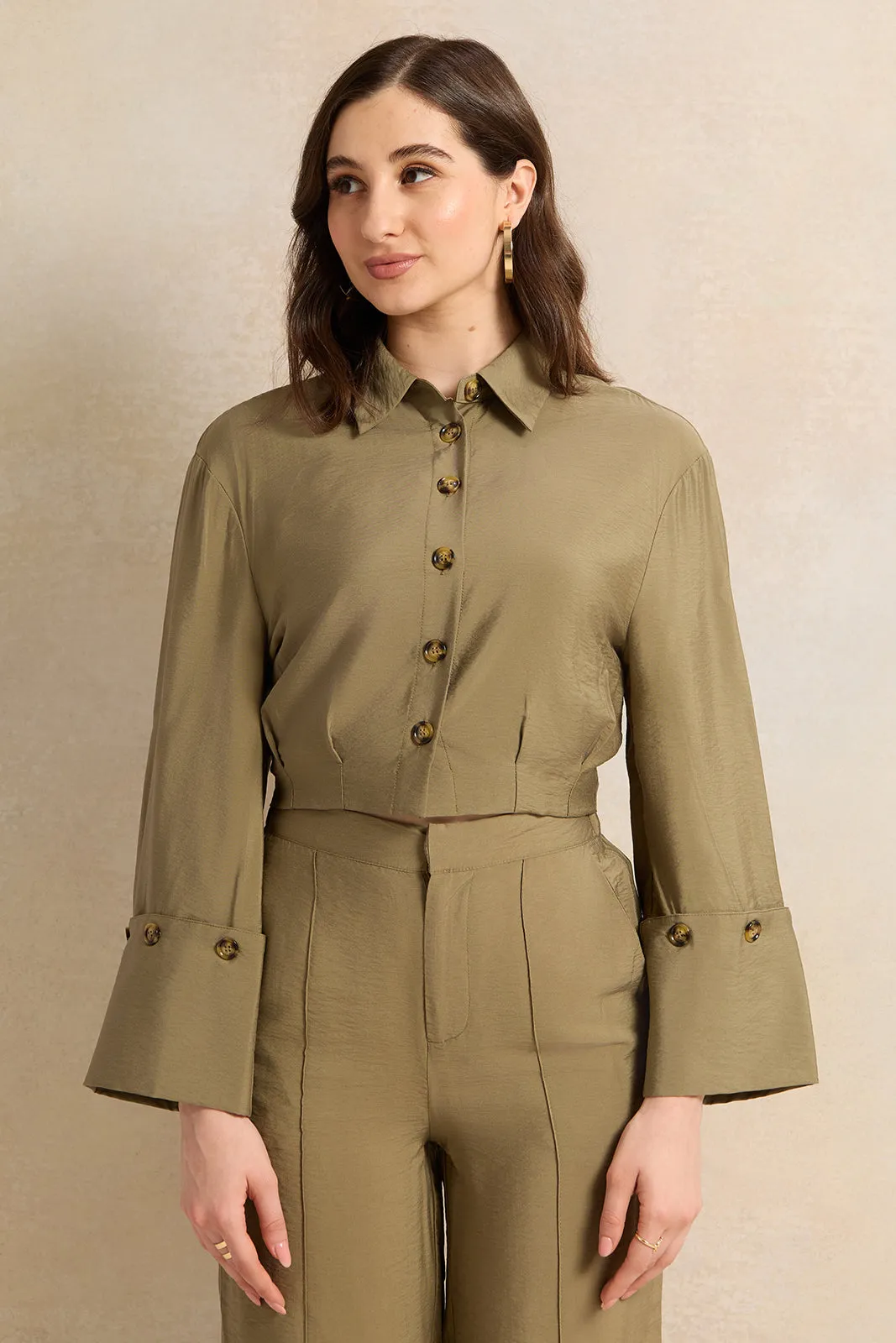 Women Olive Waist Pleated Detailed Shirt sold by Redtag