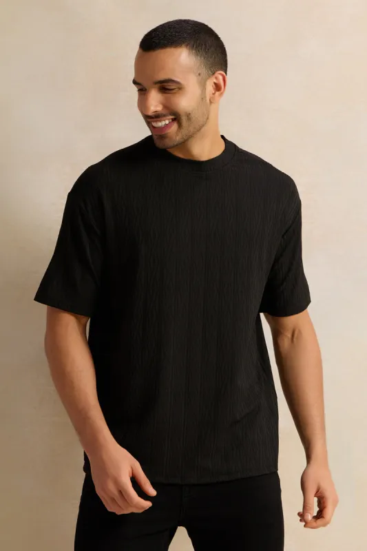 Men Black Jacquard T-Shirt sold by Redtag