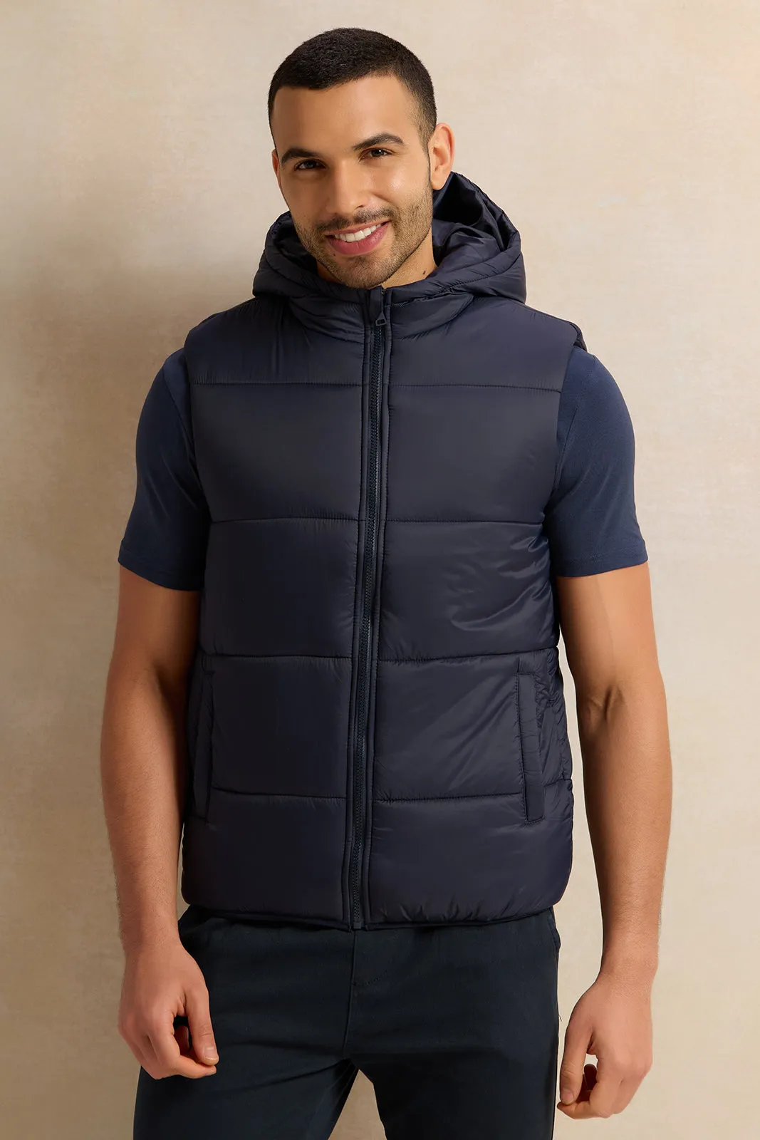 Men Navy Sleeveless Puffer Jacket sold by Redtag