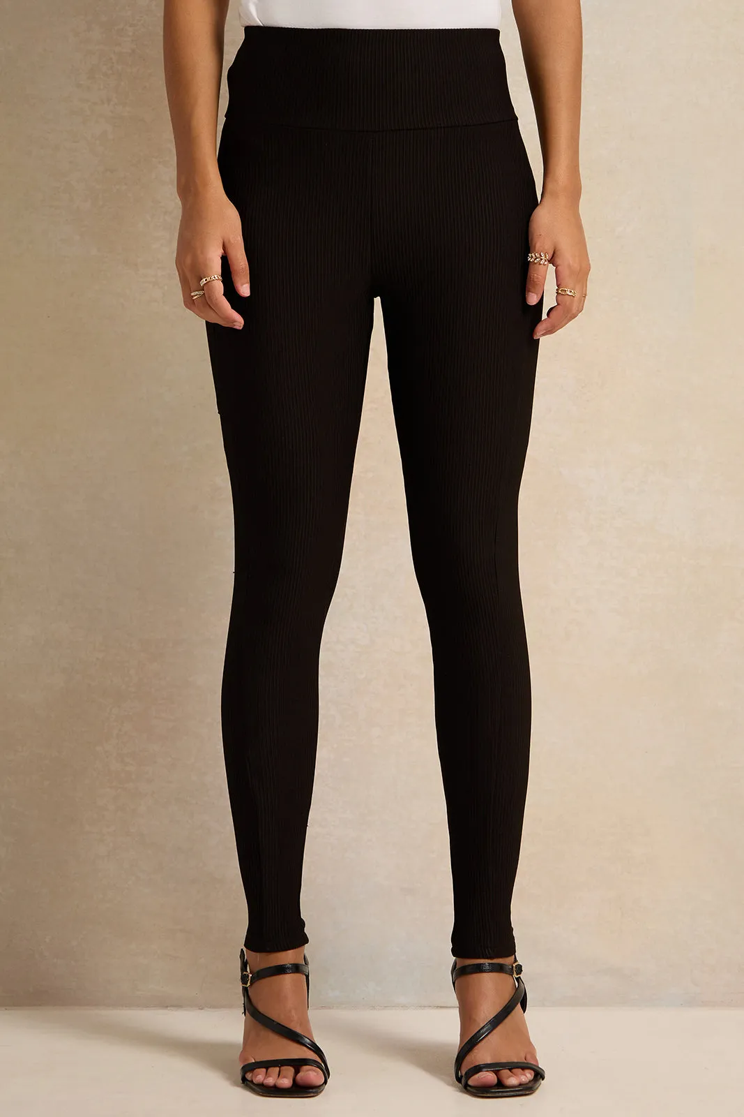 Women Black Ribbed Leggings sold by Redtag