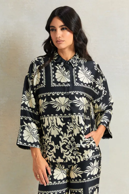 Women Black And  White Satin Printed Blouse sold by Redtag