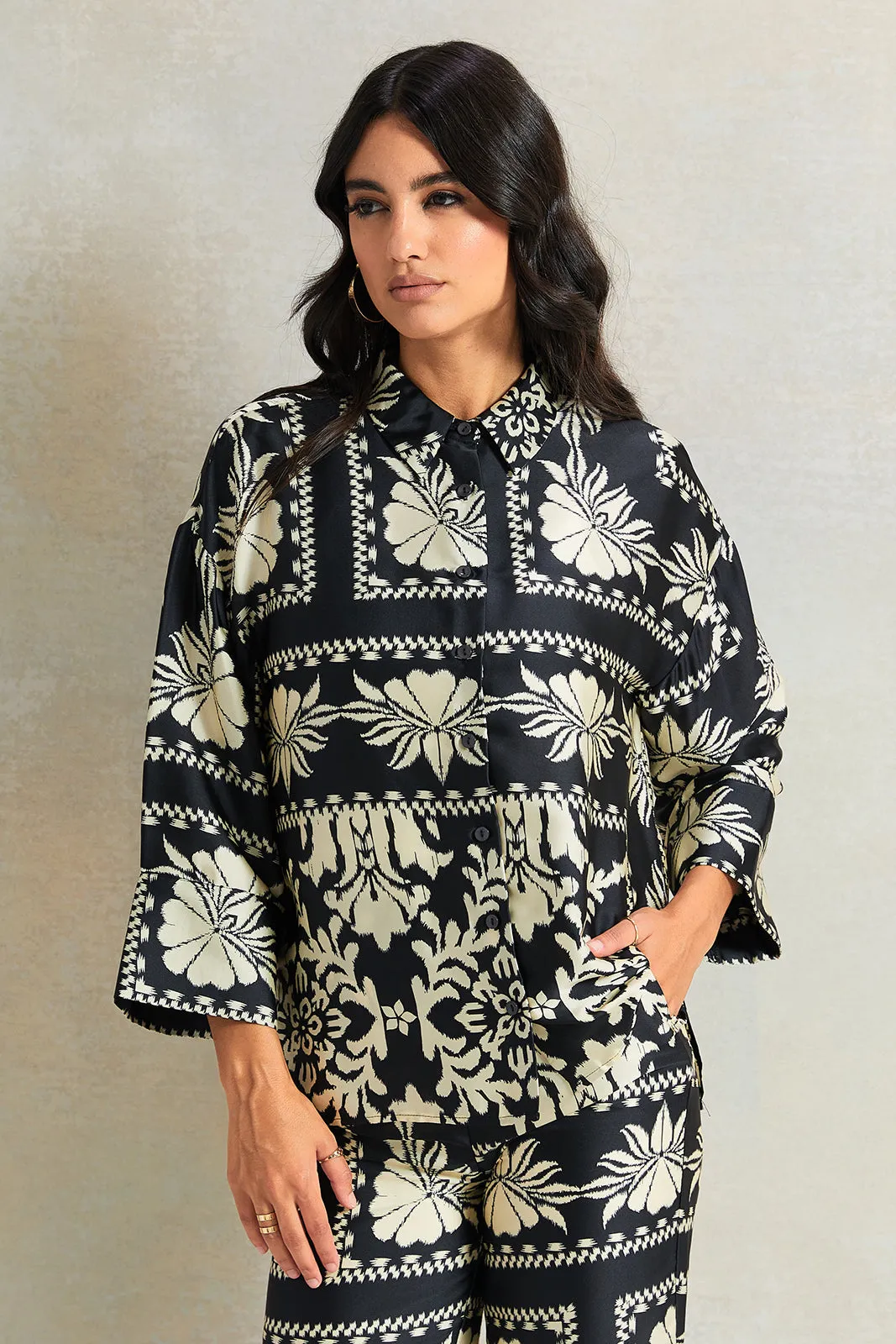 Women Black And White Satin Printed Blouse sold by Redtag