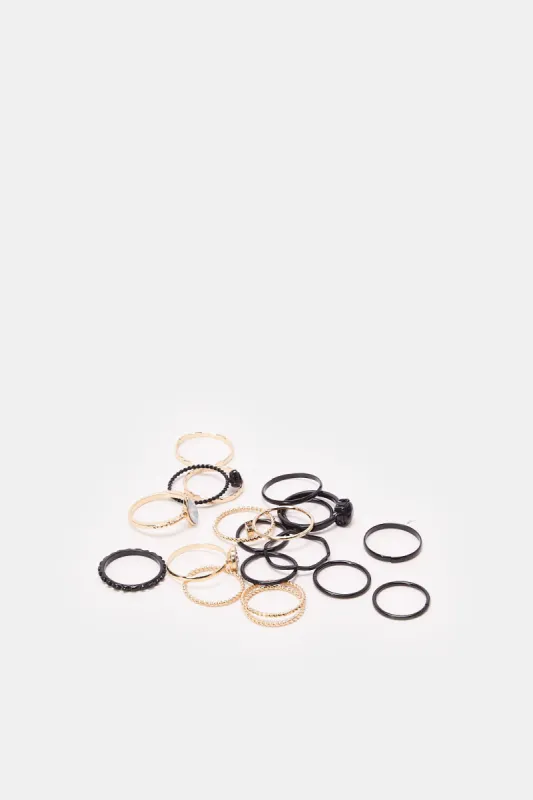 Women Gold And Black Embellished Ring Set (20 Piece) sold by Redtag