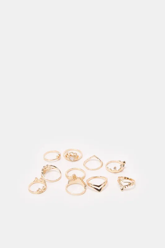 Women Gold Embellished Ring Set (10 Piece) sold by Redtag