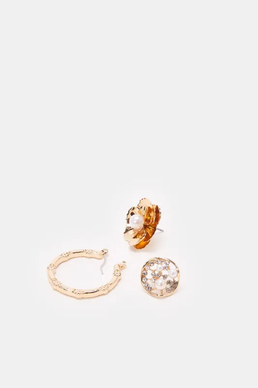 Women Gold Embellished Earrings Set (3 Piece) sold by Redtag