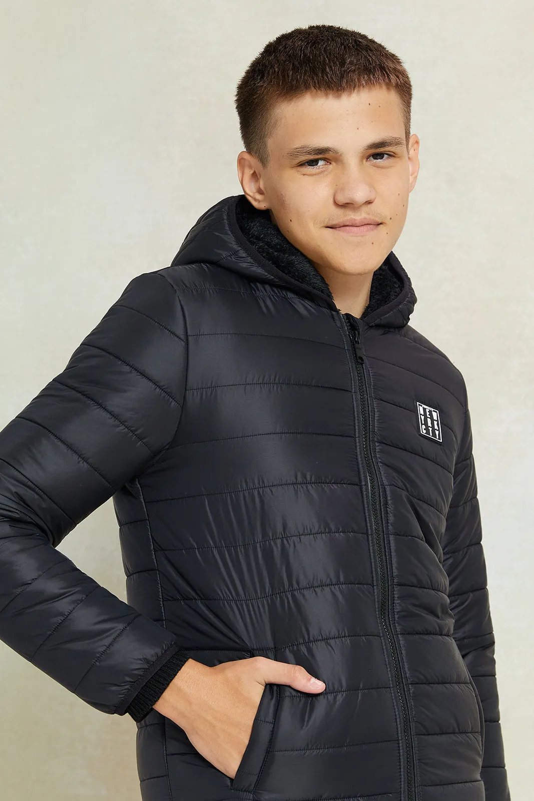 Senior Boys Black Puffer Jacket With Sherpa Lining sold by Redtag product image thumbnail 4