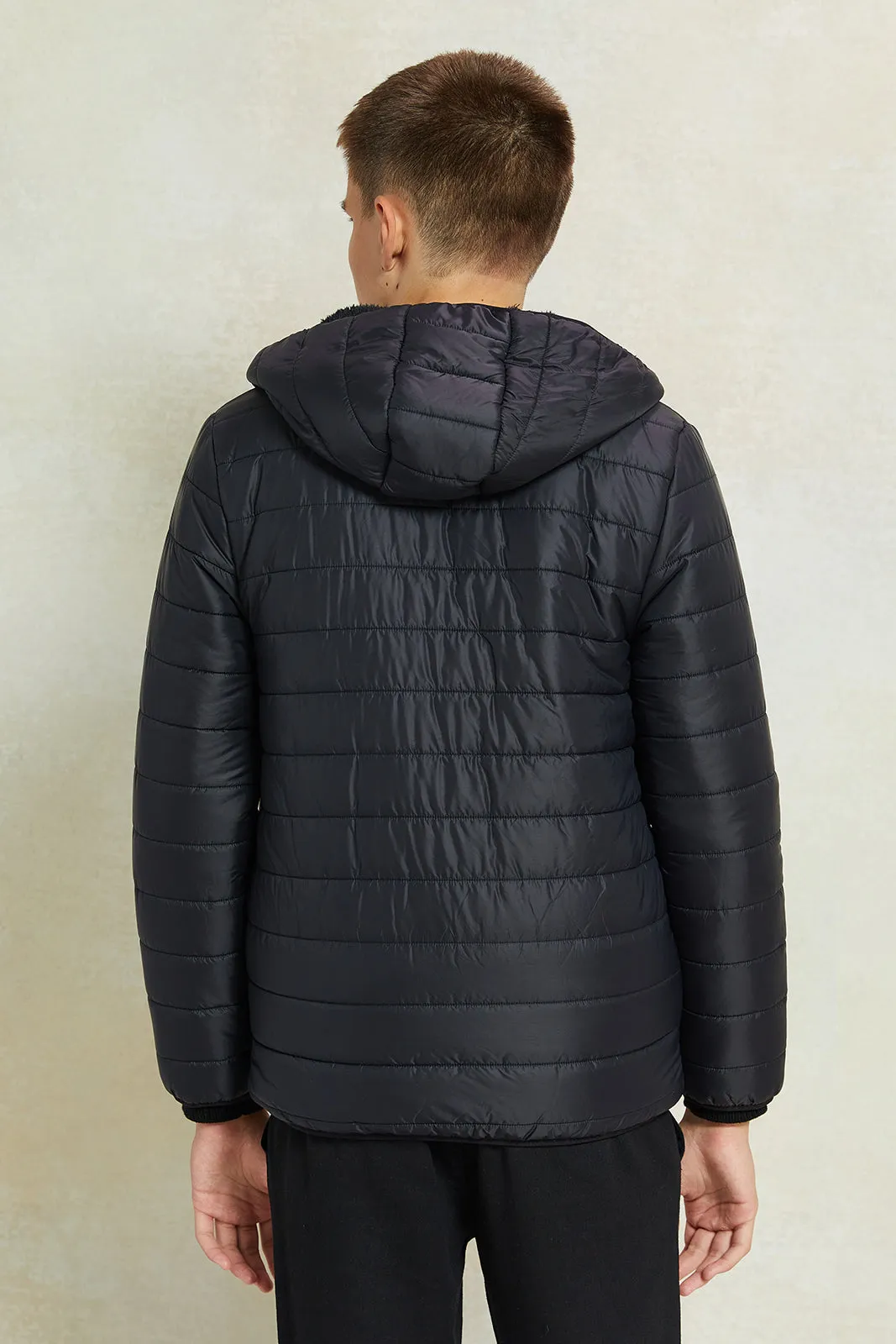 Senior Boys Black Puffer Jacket With Sherpa Lining sold by Redtag product image thumbnail 3