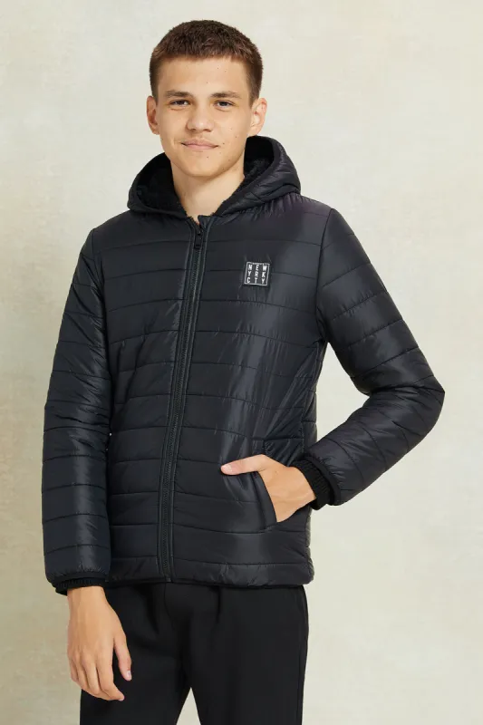 Senior Boys Black Puffer Jacket With Sherpa Lining sold by Redtag