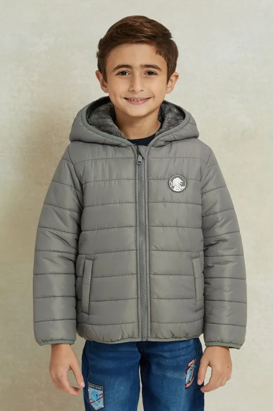 Boys Charcoal Puffer Jacket With Sherpa Lining sold by Redtag