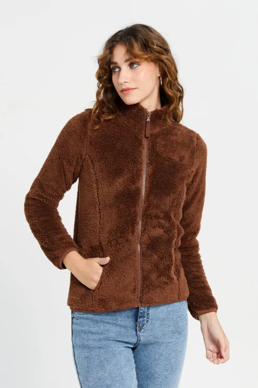 Women Brown High Neck Fur Jacket sold by Redtag