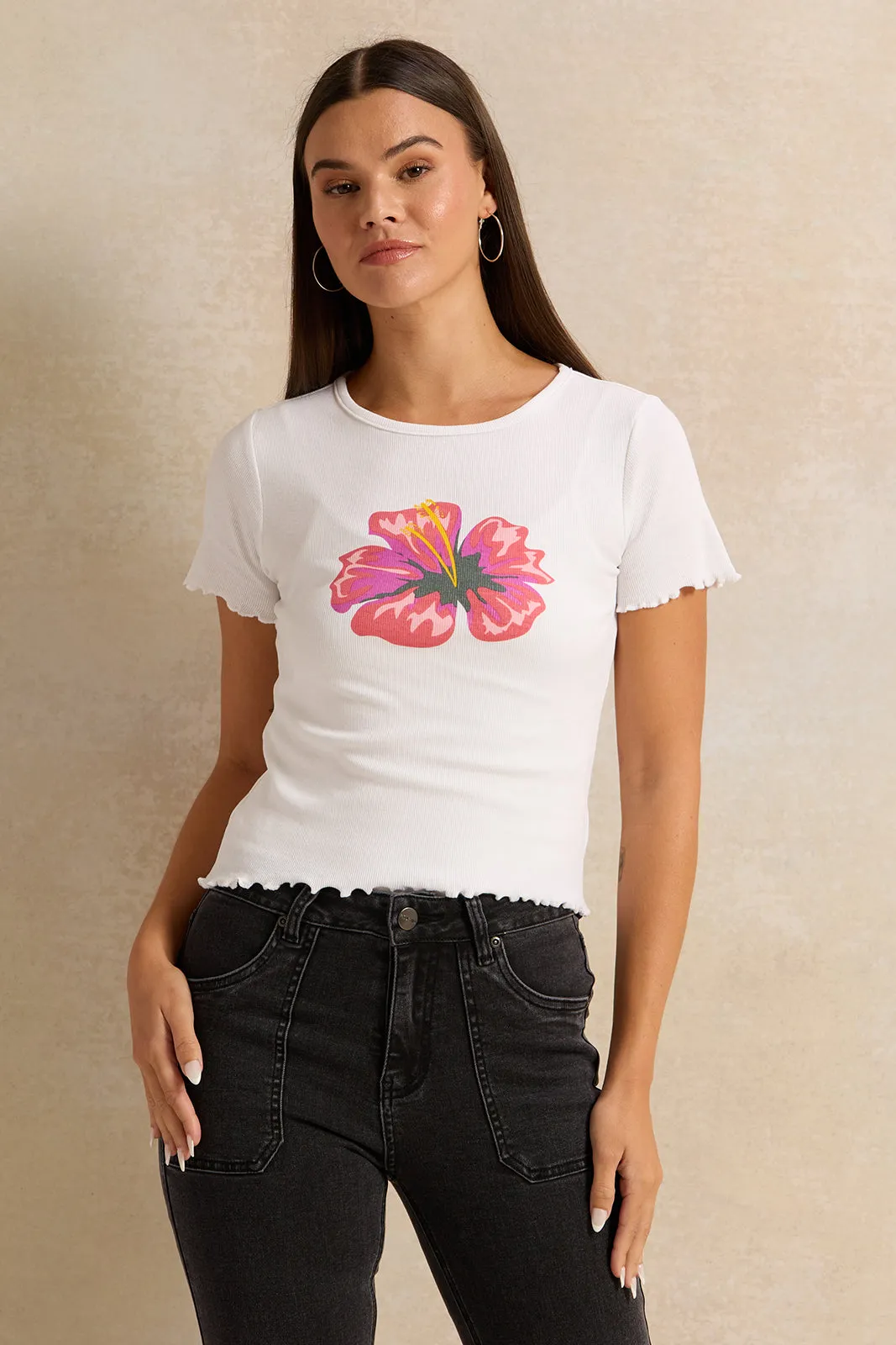 Women White Embellished Rib T-Shirt sold by Redtag