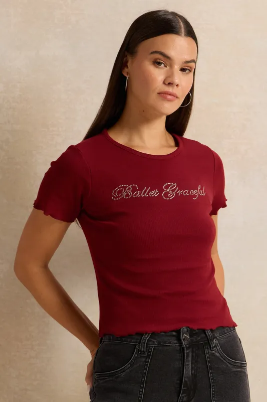 Burgundy Printed Rib T-Shirt sold by Redtag