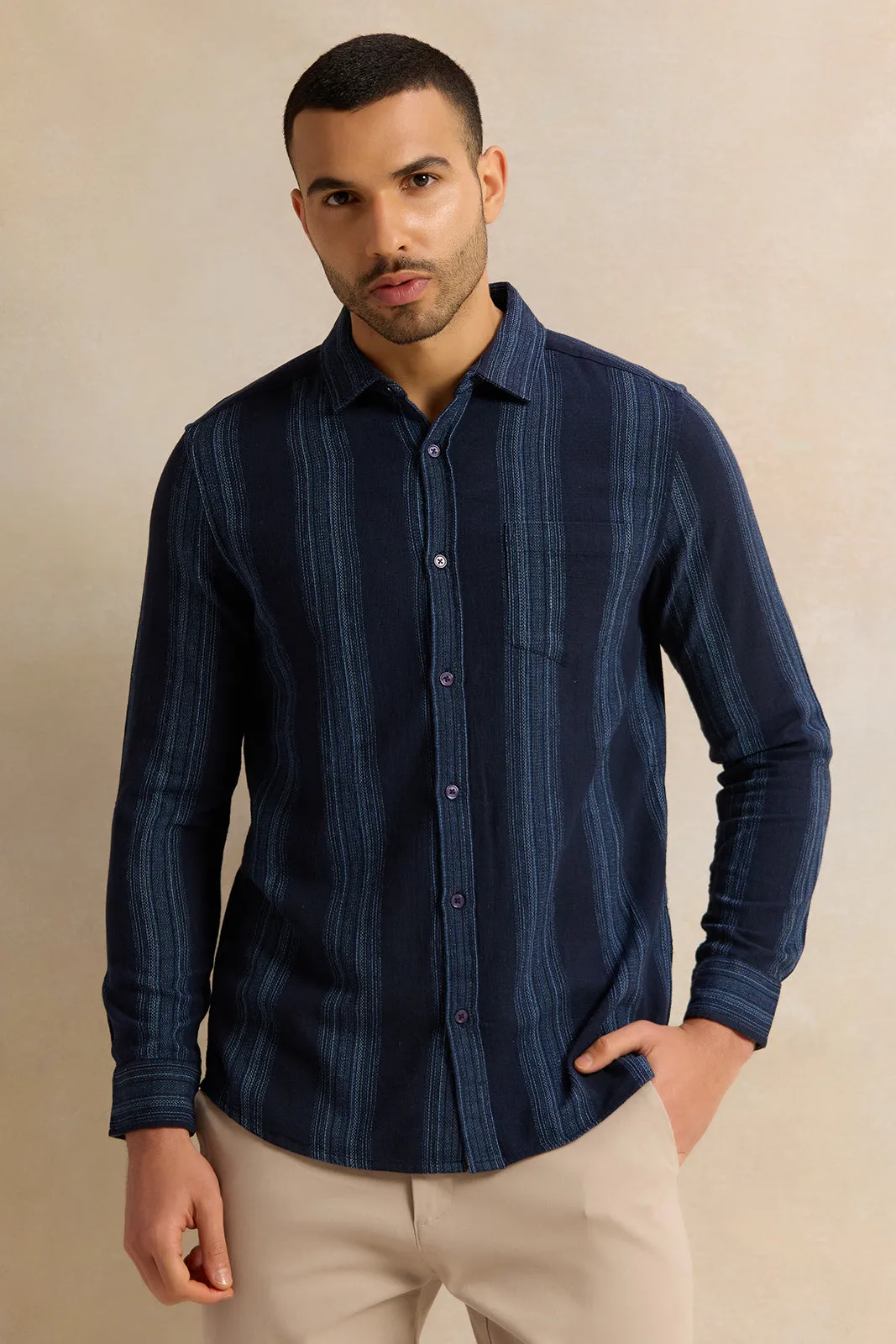 Men Navy Striped Casual Shirt sold by Redtag