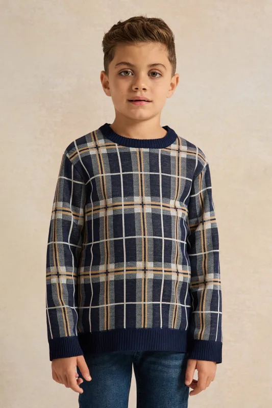 Boys Navy Checkered Pullover sold by Redtag