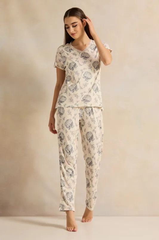 Women Beige Printed Pajama Set (2 Piece) sold by Redtag