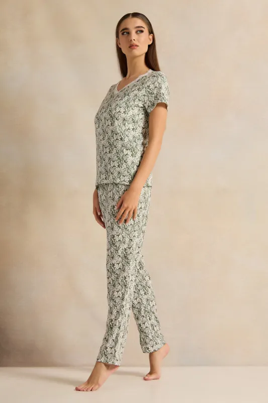 Women Olive Printed Pajama Set (2 Piece) sold by Redtag