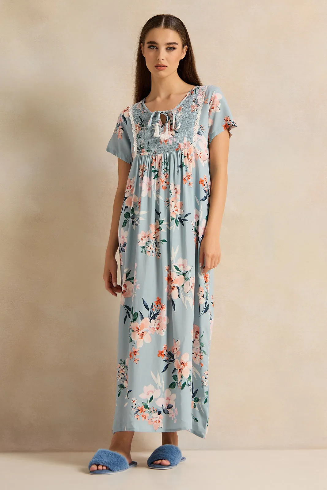 Women Blue Printed Night Gown sold by Redtag