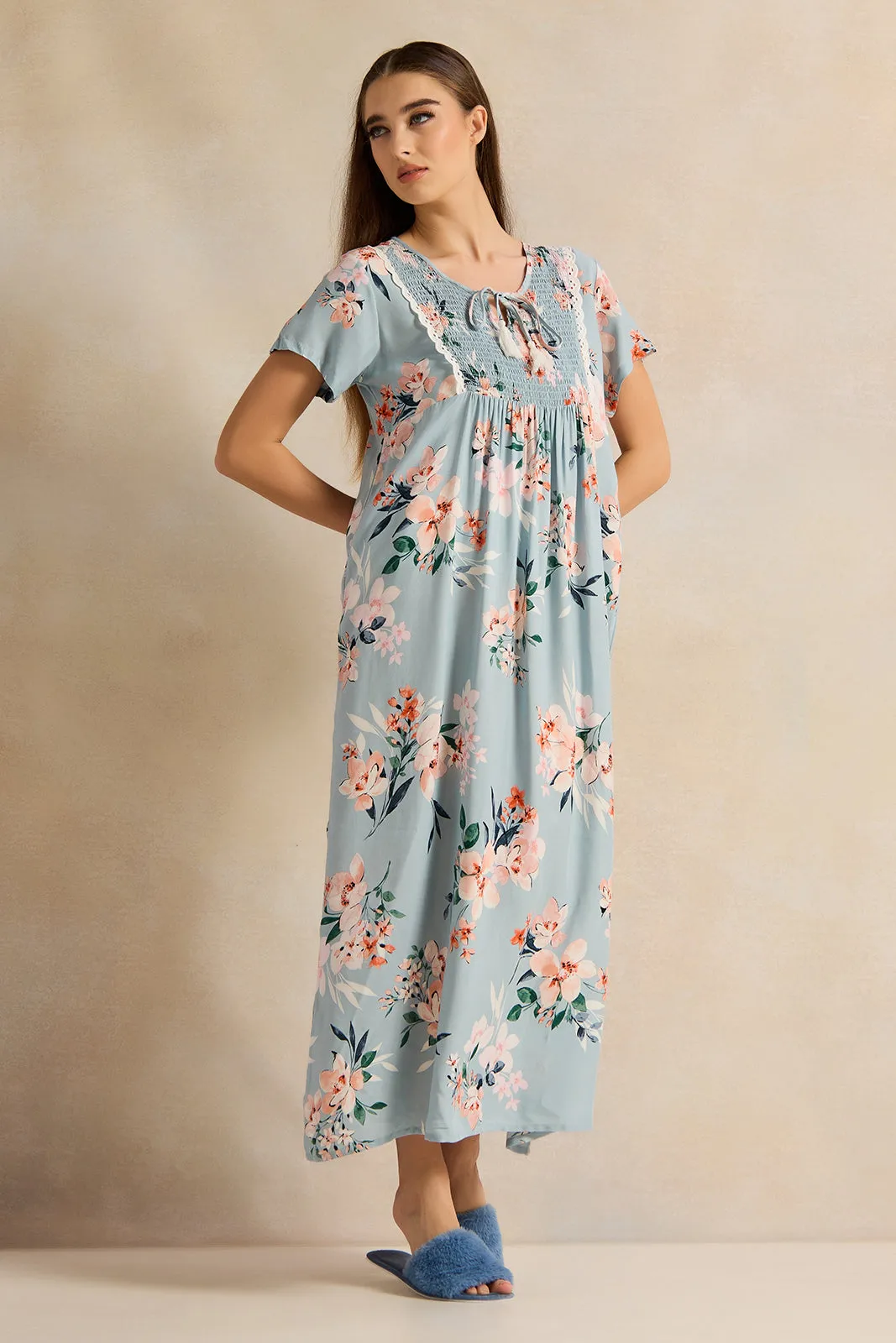 Women Blue Printed Night Gown sold by Redtag product image thumbnail 4