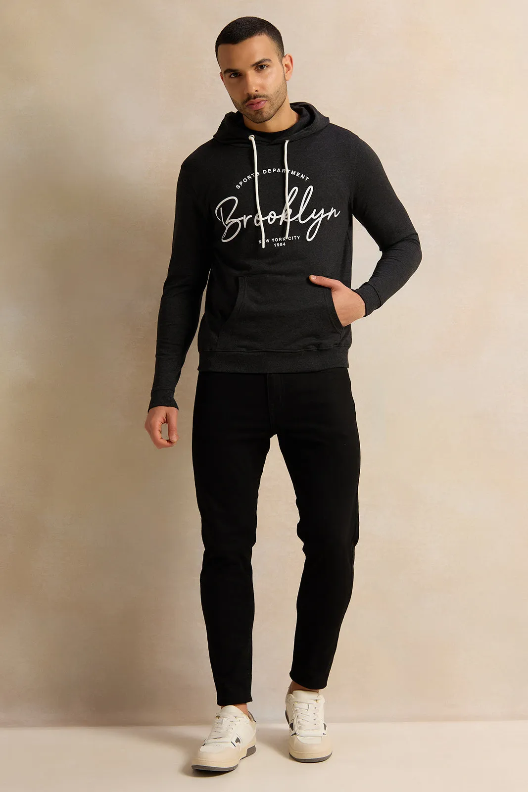 Men Charcoal Printed Hooded Sweatshirt sold by Redtag product image thumbnail 2