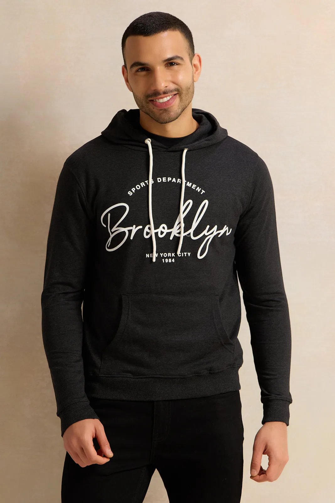 Men Charcoal Printed Hooded Sweatshirt sold by Redtag