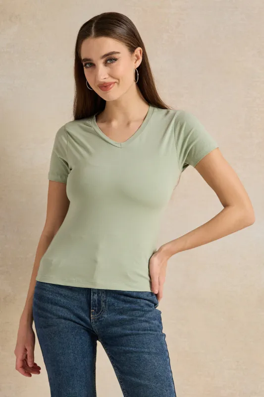 Women Mint Basic V-Neck T-Shirt sold by Redtag