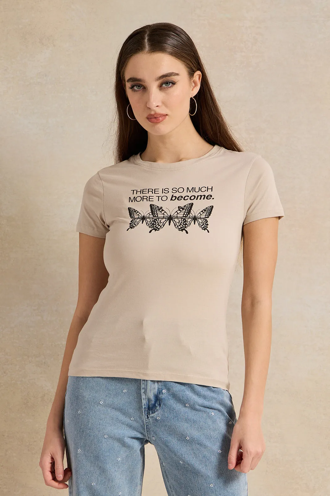 Women Beige Printed T-Shirt sold by Redtag