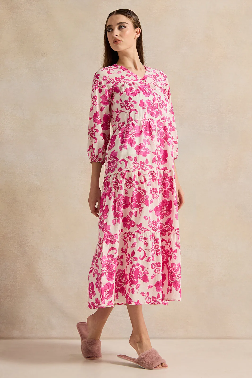 Women Pink Printed Tiered Nightgown sold by Redtag product image thumbnail 4