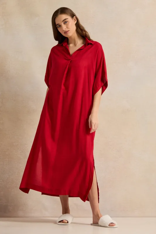 Women Red Plain Kaftan Sleeves Nightgown sold by Redtag