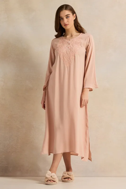 Women Peach With Neck Embroidery Full Sleeve Nightgown sold by Redtag