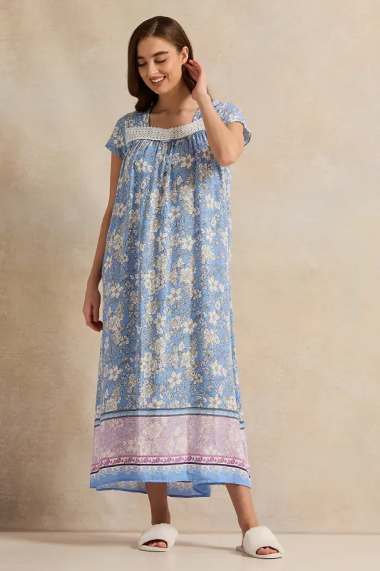 Women Blue Floral With Lace Detail Nightgown sold by Redtag