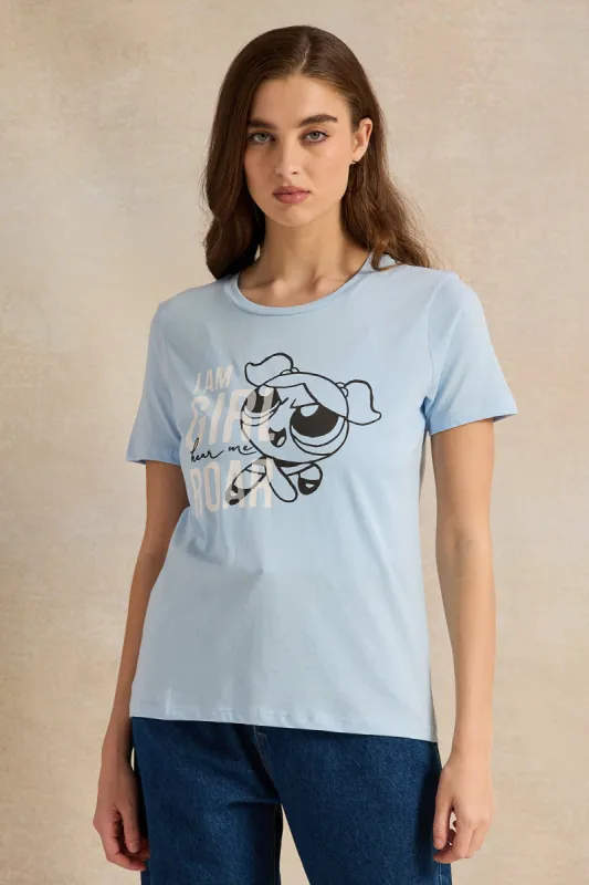Women Blue Power Puff Printed T-Shirt sold by Redtag