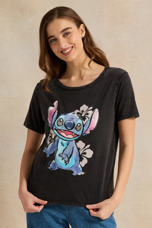 Women Charcoal Acid Wash Stitch Printed T-Shirt sold by Redtag