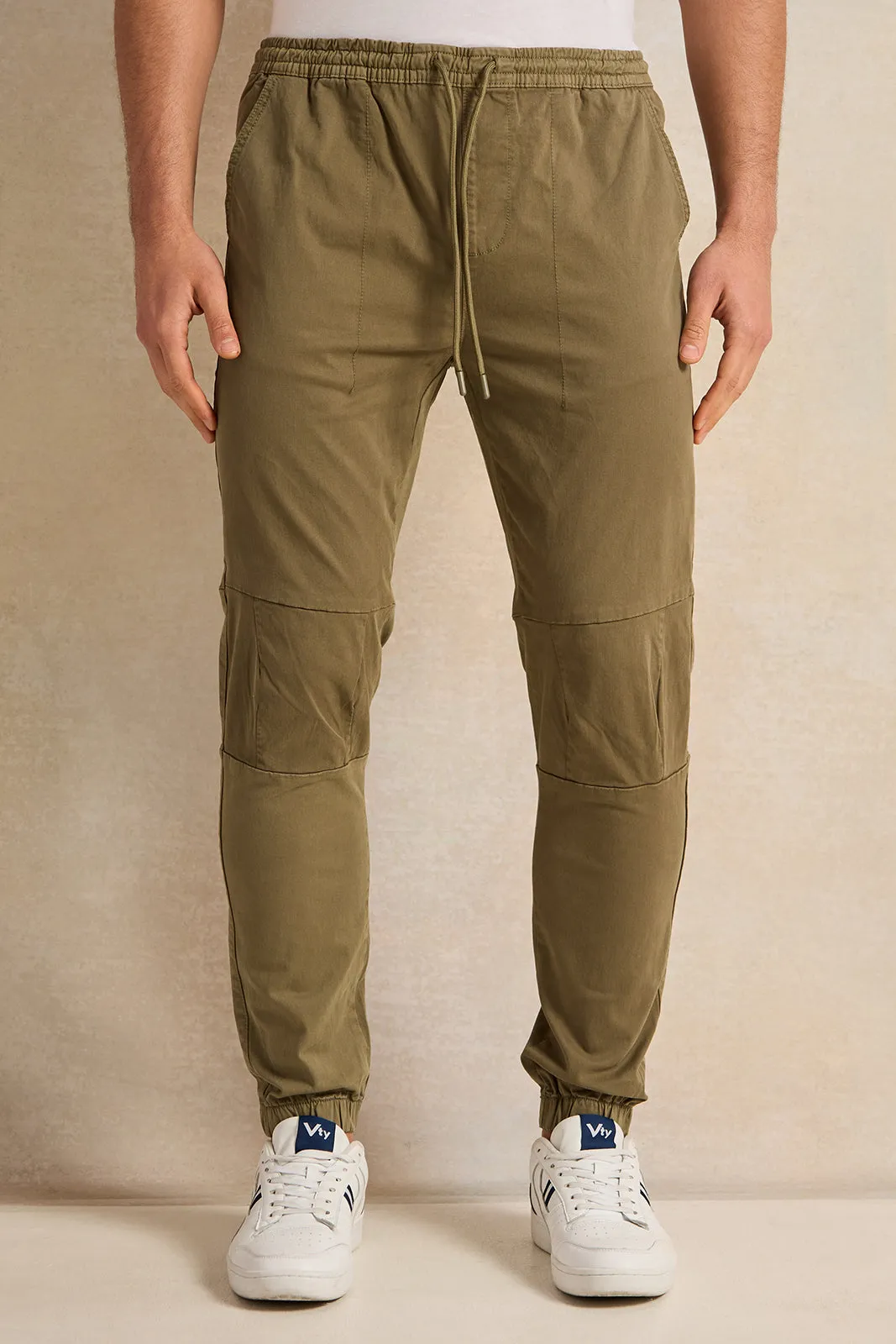 Men GreenTwill Joggers sold by Redtag