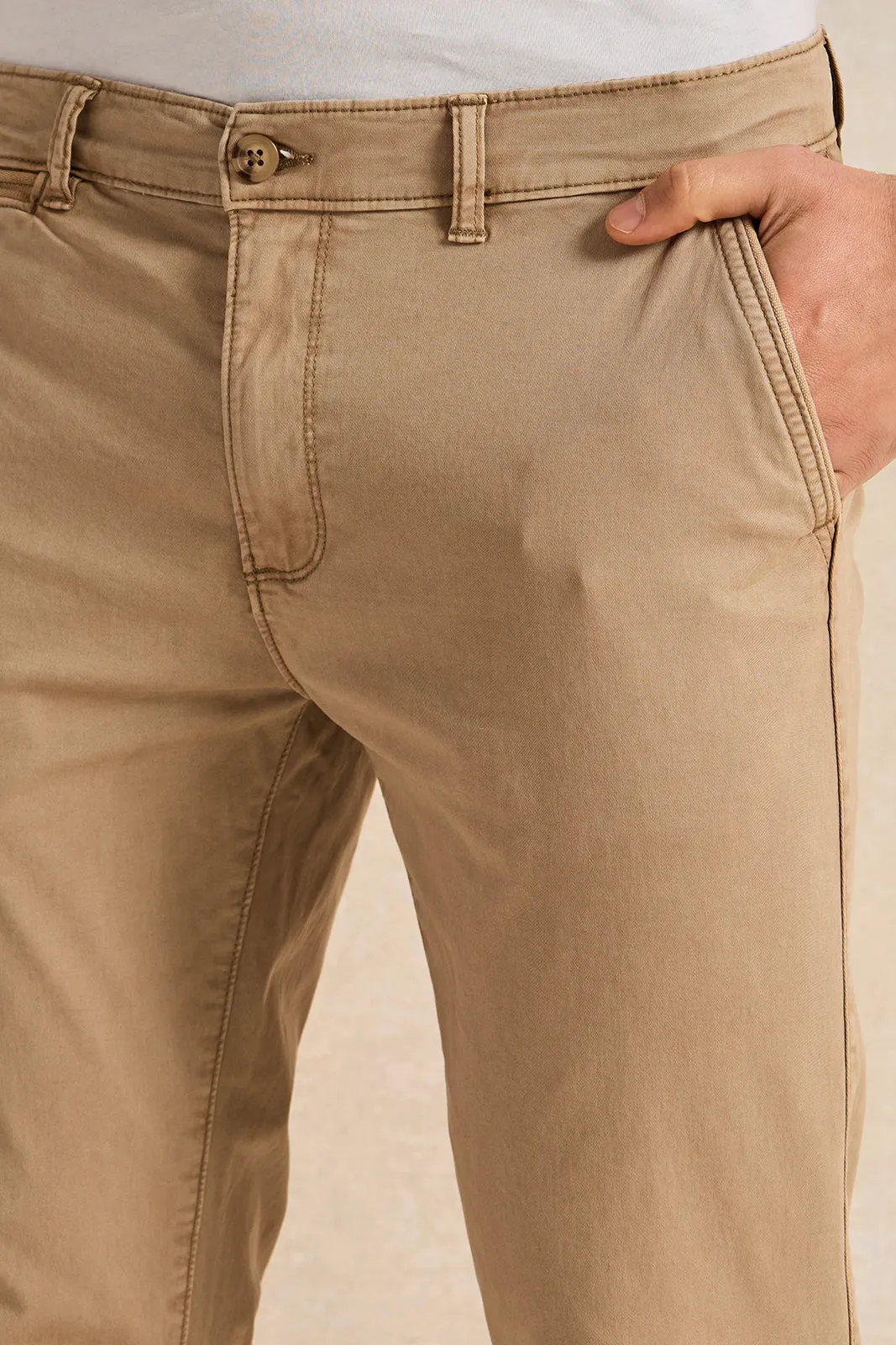 Beige Slim Fit Grament Dyed Chino Trousers sold by Redtag product image thumbnail 4