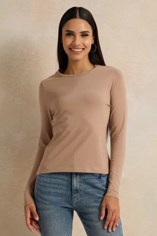 Women Brown Crew Neck T-Shirt sold by Redtag