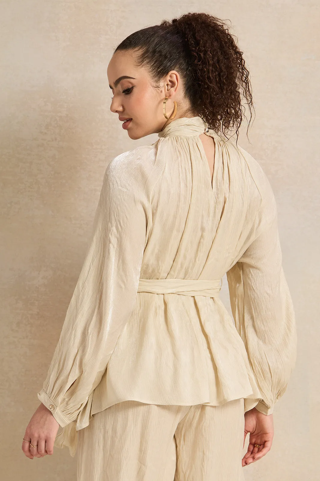 Women Cream Shimmer Crinkle Belted Top sold by Redtag product image thumbnail 3