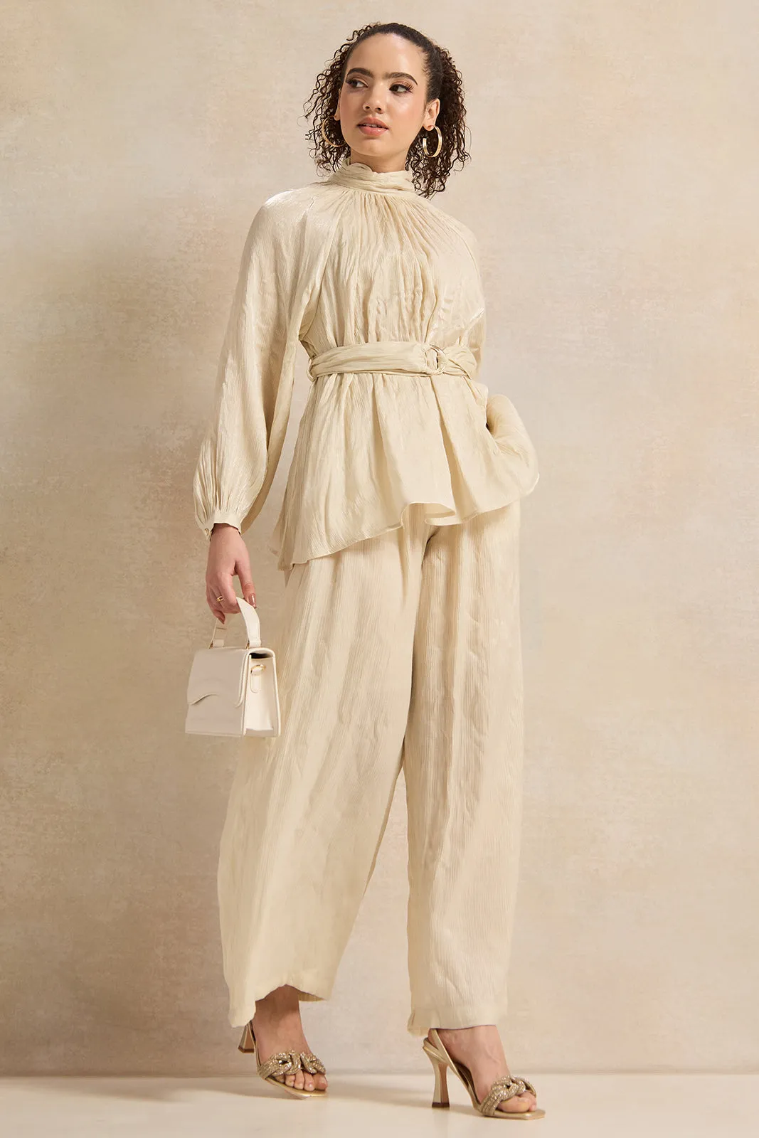 Women Cream Shimmer Crinkle Belted Top sold by Redtag product image thumbnail 2