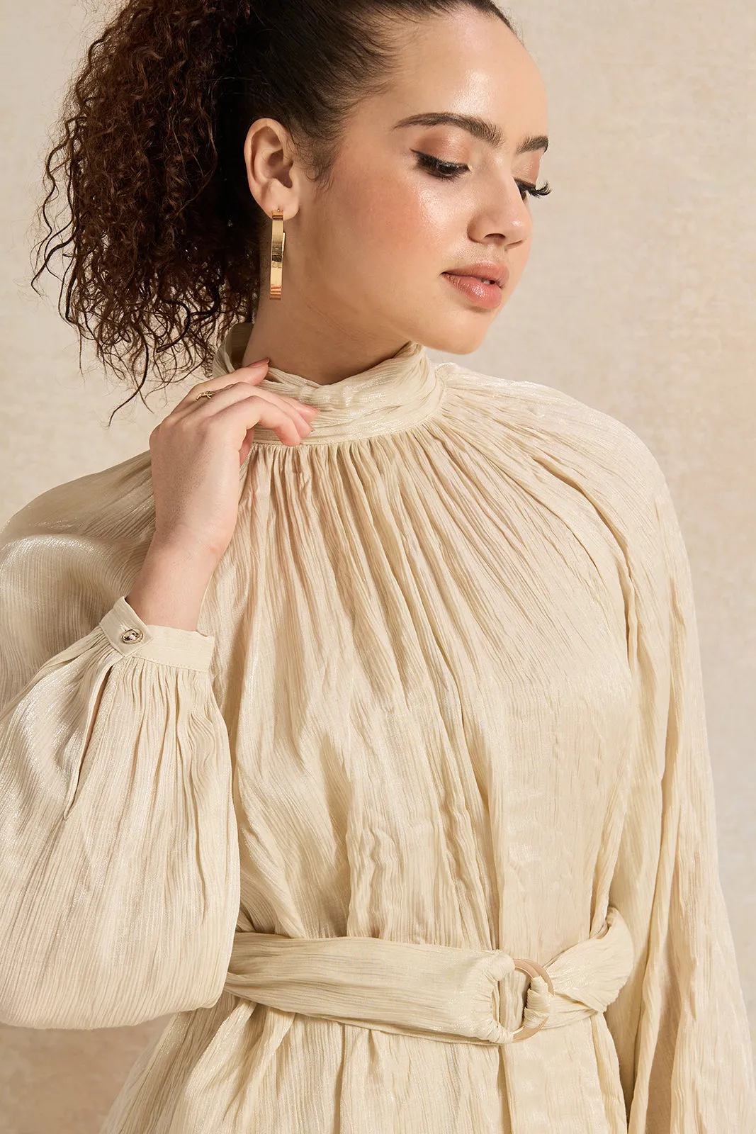 Women Cream Shimmer Crinkle Belted Top sold by Redtag product image thumbnail 4