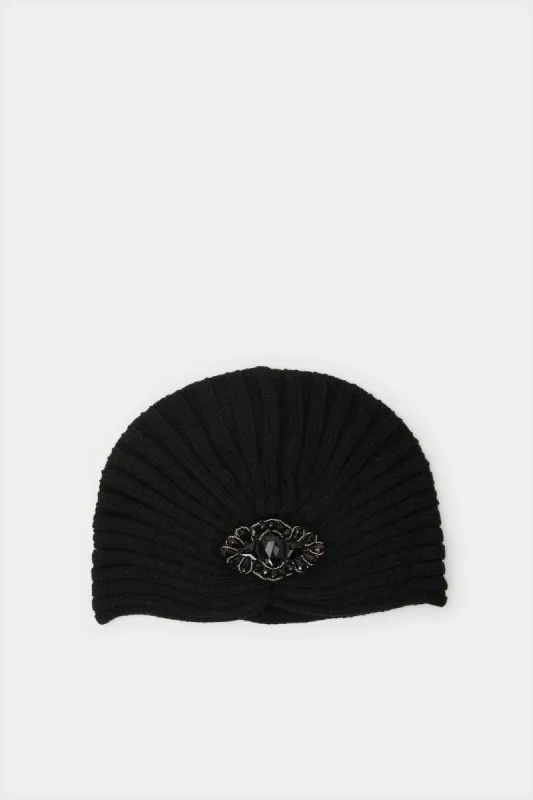 Women Black Embellished Knitted Cap sold by Redtag