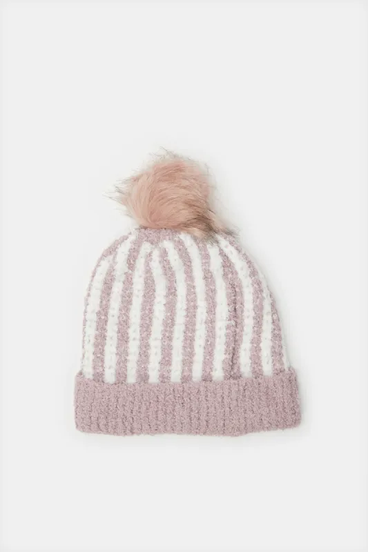 Women White And Purple Embellished Knitted Cap sold by Redtag