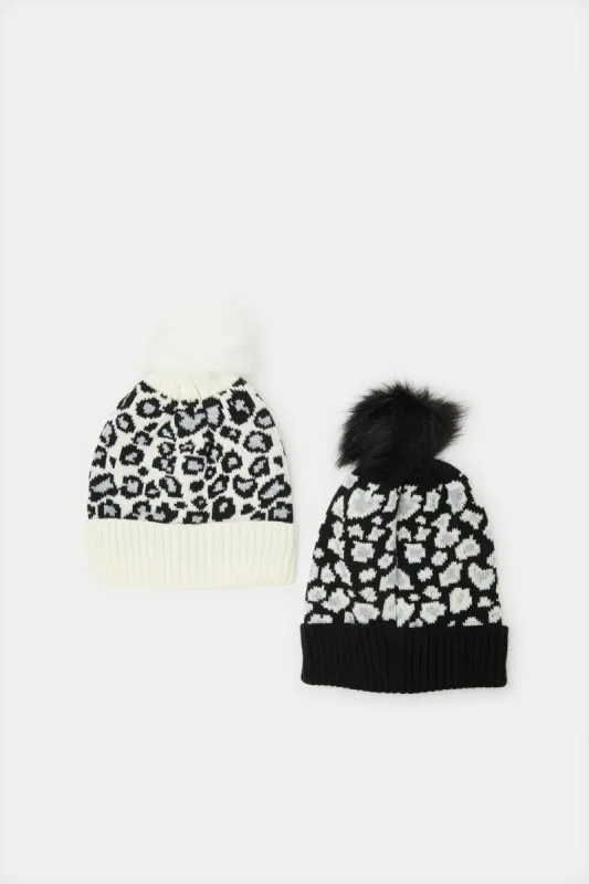 Women Black And White Embellished Knitted Cap Set (2 Piece) sold by Redtag