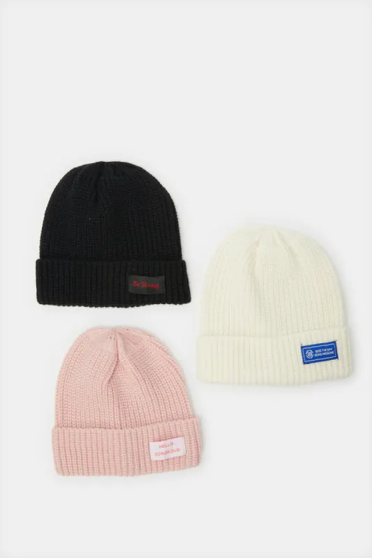 Multicolor Embellished Knitted Cap Set Of  (3 Piece) sold by Redtag