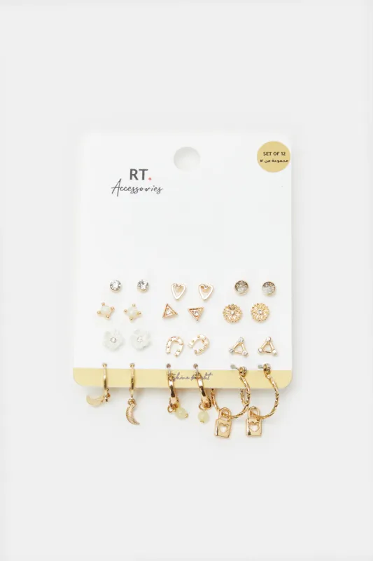 Women Gold Embellished Stud Set (12 Pairs) sold by Redtag