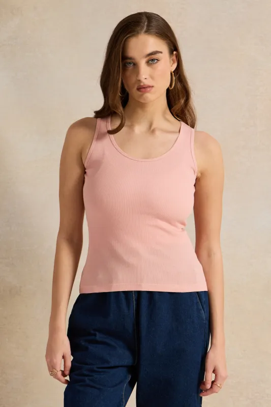 Women Pink Plain Ribbed Vest sold by Redtag